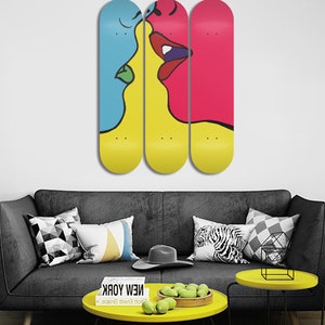 Set von 3 Stk Skateboard Kunst, Skateboard Wandkunst, Blau und Rot Pop Art Wandkunst, Holz Wandkunst, Skateboard Deck Kunst für Zuhause Büro Dekor