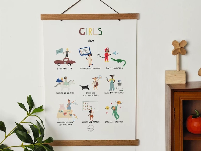 Pu&ograve; includere: Un poster colorato con il testo "Girls Can" e illustrazioni di ragazze che svolgono diverse attivit&agrave;, tra cui essere pompiere, astronaute, supereroine e mangiare biscotti.