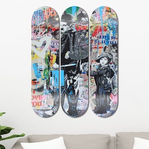 Set of 3pcs Abstract Graffiti Art Skateboard Wall Decor, Aesthetic Wall Art, Banksy Street Art, Room Wall Art, Wall Decor Gifts for Men Cave