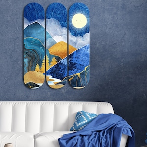 Set of 3pcs Indigo Sky Geometric Mountain Skateboard Deck Wall Art, Wall Hanged Room Decoration, Accent Gift, Aesthetic Wall Art