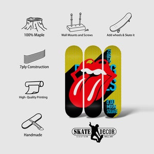 May include: Three yellow and black skateboard decks with a red tongue and lips graphic and the text "Rolling Stones 25.05.16 8.00 MDSN SQUARE". The decks are made of 7-ply maple wood and are handmade. The decks can be mounted on a wall or used as a skateboard.