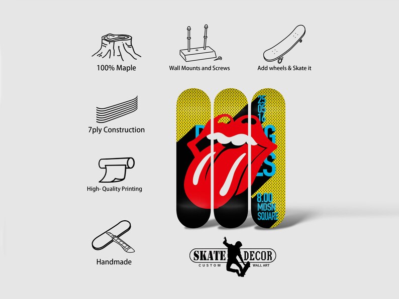 May include: Three yellow and black skateboard decks with a red tongue and lips graphic and the text "Rolling Stones 25.05.16 8.00 MDSN SQUARE". The decks are made of 7-ply maple wood and are handmade. The decks can be mounted on a wall or used as a skateboard.