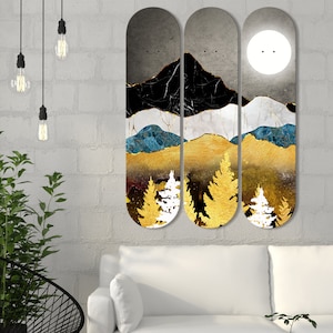 Set of 3pcs Moonlight Mountain Landscape Skateboard Art, Skateboard Wall Art, Wood Wall Art, Skateboard Deck Art for Home Office Decor