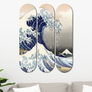 Set of 3pcs Hokusai Big Wave Art Painting Skateboard Deck Wall Art, Wall Hanged Decoration, Accent Gift, Aesthetic Wall Art for Home Decor