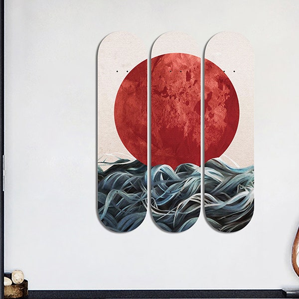 Set of 3pcs Abstract Japanese Sunrise Skateboard Deck Wall Art, Wall Hanged Room Decoration, Accent Gift, Aesthetic Wall Art for Home Decor