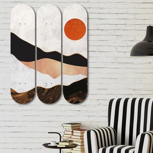 Set of 3pcs Minimalist Sunrise Mountain Landscape Skateboard Wall Decor, Street Wall Art, Graffiti Art, Wall Decor Gifts for Home Decor