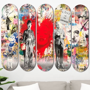 Set of 5pcs Banksy Graffiti Art Skateboard Deck Wall Art, Wall Hanged Decoration, Accent Gift, Aesthetic Wall Art for Men Cave Home Decor