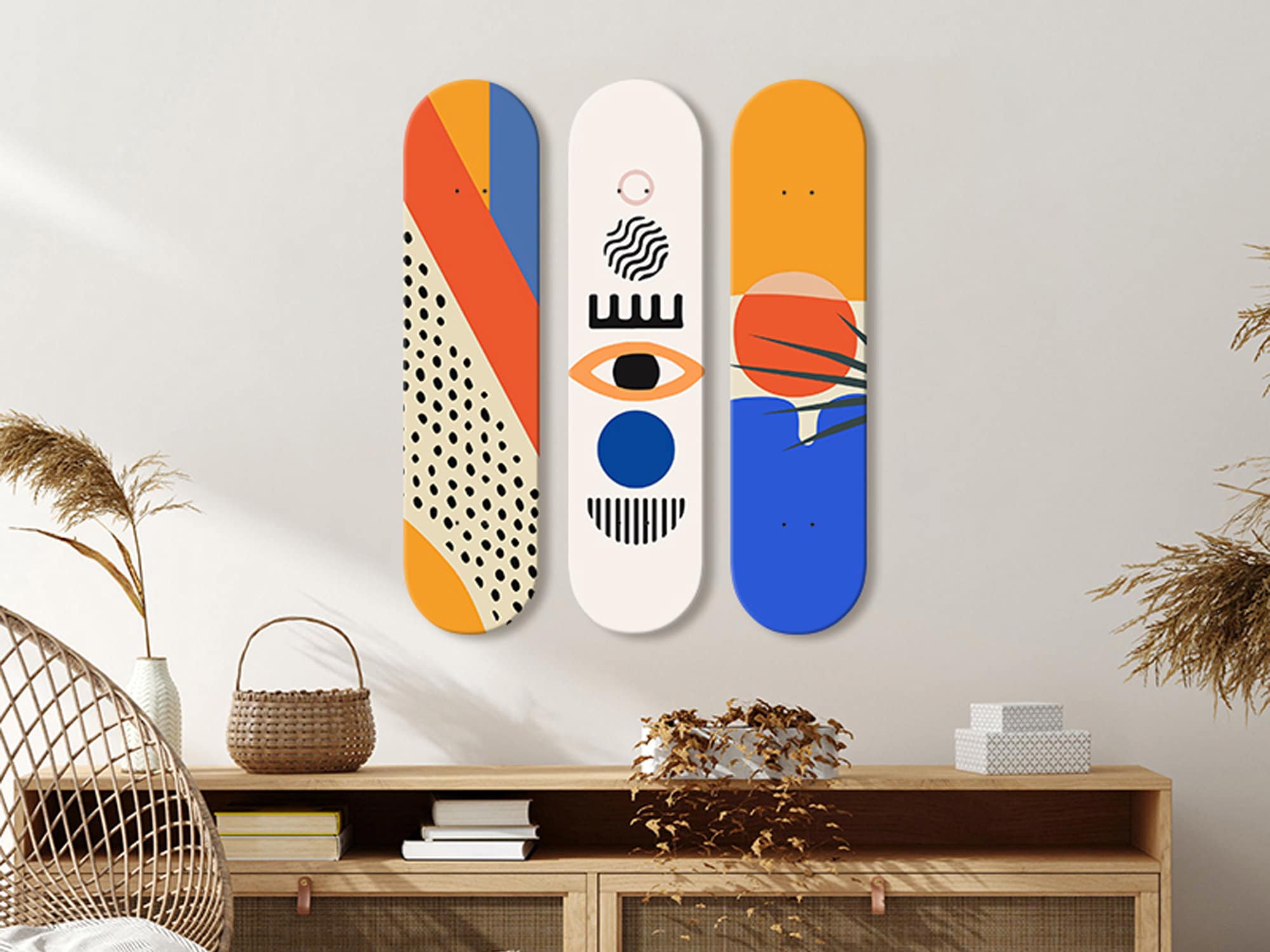 Creative professional workspace featuring skateboard wall art in modern loft setting