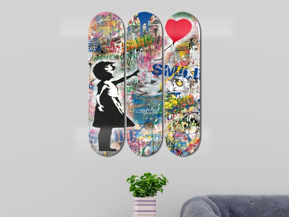 Set of 3pcs Banksy Graffiti Abstract Skateboard Deck Wall Art