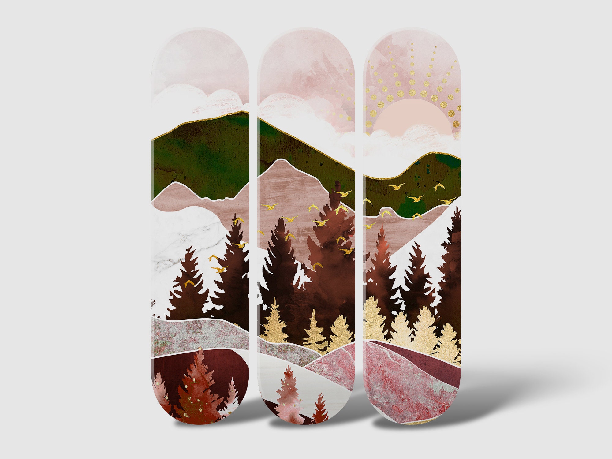 Autumn mountain themed skateboard wall art showing seasonal nature artwork