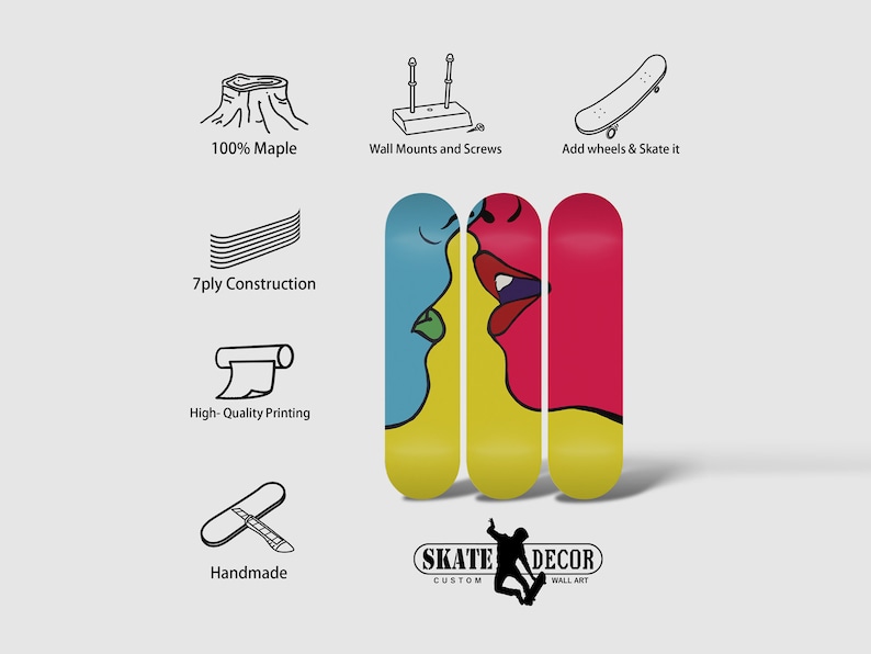 May include: Three skateboard decks with a colorful abstract design of two faces kissing. The decks are made of 100% maple wood and are 7-ply construction. They are handmade and feature high-quality printing. The decks are displayed on a white background with text that reads "SKATE DECOR CUSTOM WALL ART".