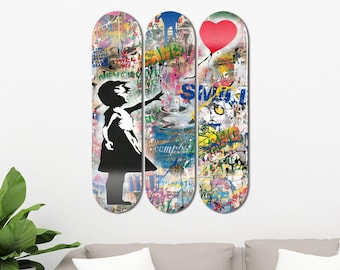 Set of 3pcs Banksy Graffiti Abstract Skateboard Deck Wall Art, Wall Hanged Decoration, Aesthetic Wall Art for Men Cave Home Decor