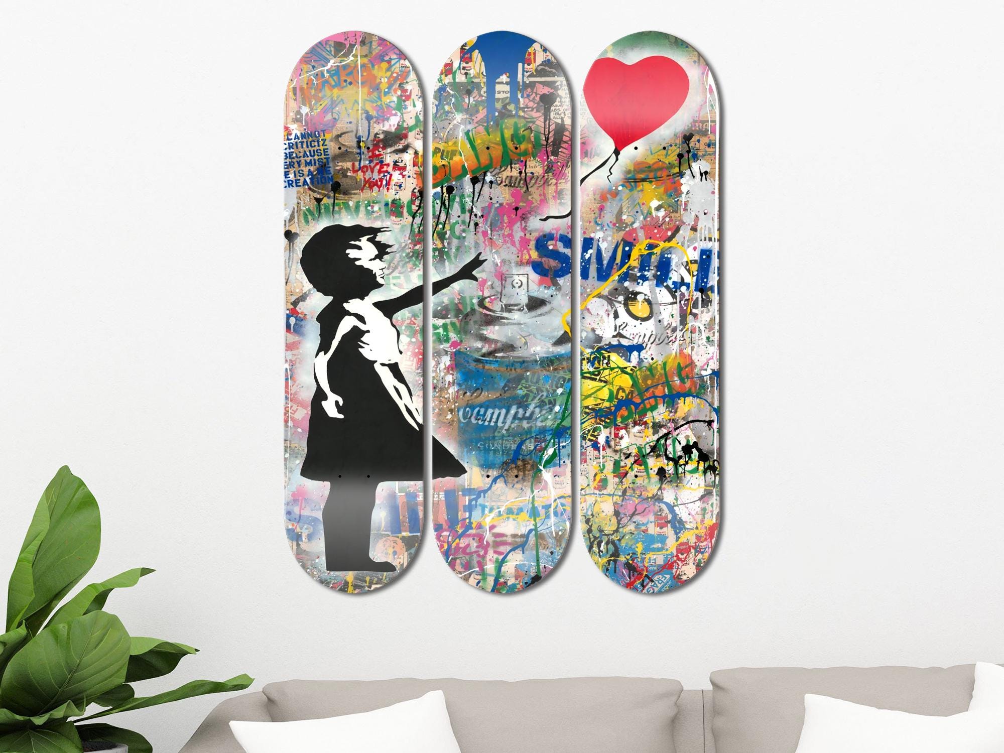 Set of 3pcs Banksy Graffiti Abstract Skateboard Deck Wall Art