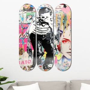 Set of 3pcs Banksy Graffiti Art Skateboard Deck Wall Art, Wall Hanged Decoration, Accent Gift, Aesthetic Wall Art for Men Cave Home Decor