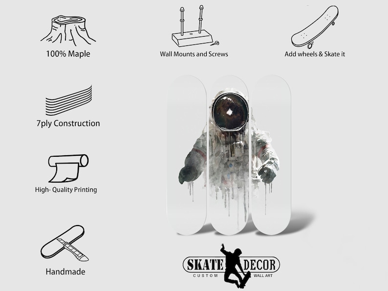 May include: A skateboard deck with a black and white illustration of an astronaut in a space suit. The deck is made of 7-ply maple wood and is ready to be customized with wheels and trucks. The deck is handmade and features high-quality printing. The image also includes text that says "SKATE DECOR CUSTOM WALL ART".
