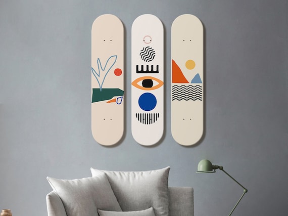 Modern minimalist skateboard deck art in contemporary home