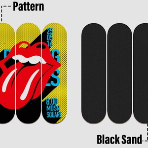 May include: Three skateboard decks with a yellow and black pattern featuring a red tongue and the text "Rolling Stones 25.05.16 8.00 MDSN SQUARE". The decks are next to three black skateboard decks with a rough texture.