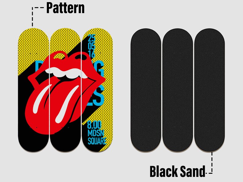 May include: Three skateboard decks with a yellow and black pattern featuring a red tongue and the text "Rolling Stones 25.05.16 8.00 MDSN SQUARE". The decks are next to three black skateboard decks with a rough texture.