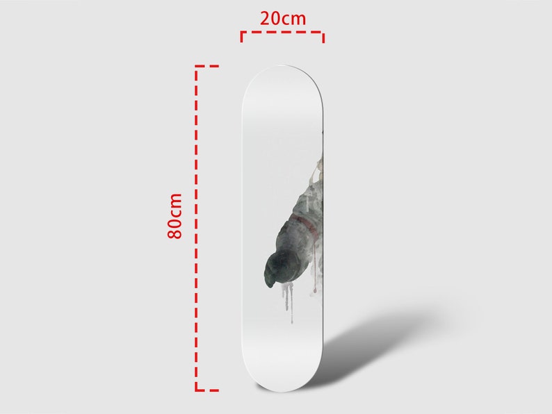 May include: A white skateboard deck with a watercolor design of a pigeon in flight. The deck measures 80 cm by 20 cm.