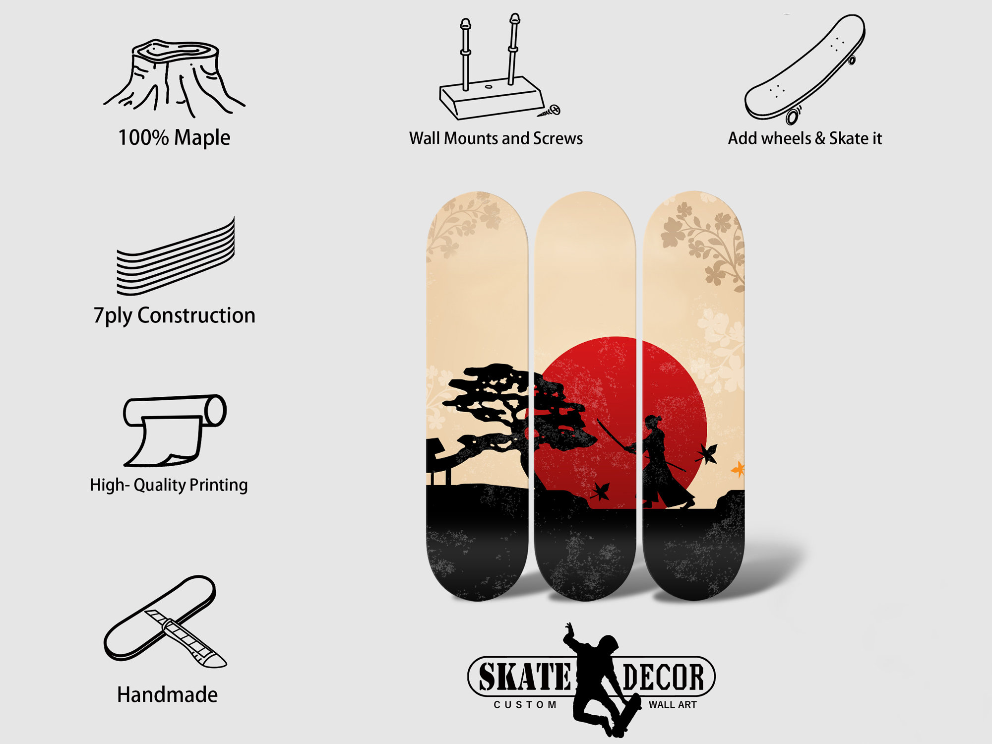 Set of 3pcs Japanese Samurai Art Painting Skateboard Deck Wall Art