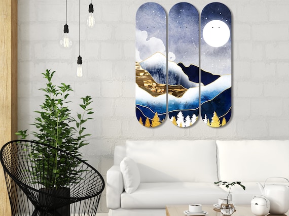 Minimalist landscape skateboard deck triptych set horizontal arrangement