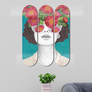 Set of 3pcs Unique Flower Girl Art Skateboard Wall Decor, Street Wall Art, Room Wall Art, Wall Decor Gifts for Home Men Cave Decor