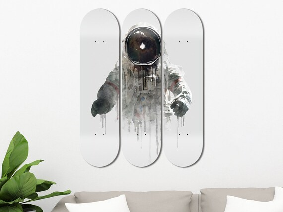 Set of 3pcs Astronaut Painting Skateboard Wall Art Unique Gift Skate Deck Mural Aesthetic Room Decor for Kids Living Room Men Cave Club