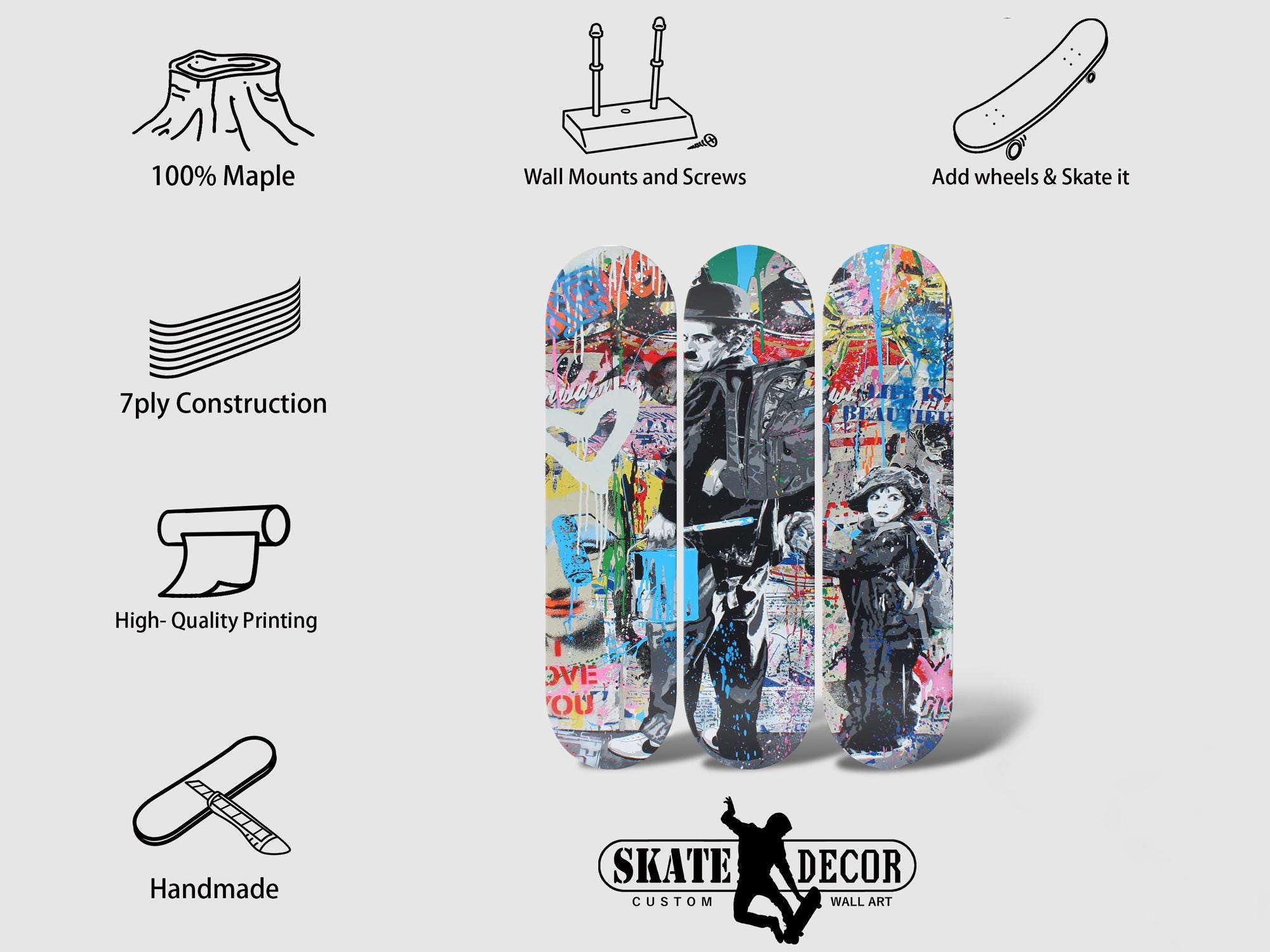 バンクシースケートボード Set of 3pcs Banksy Graffiti Art Skateboard Deck Wall Art