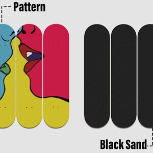 May include: Three skateboard decks with a colorful graphic of two faces kissing on the left and black sand grip tape on the right. The graphic features a blue face, a yellow face, and a red face.