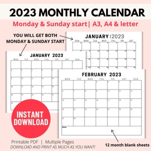 Printable 2023 monthly calendar, Minimalist blank calendar 2023, 2023 Monthly Planner landscape, Monday &Sunday start A3/A4/Letter