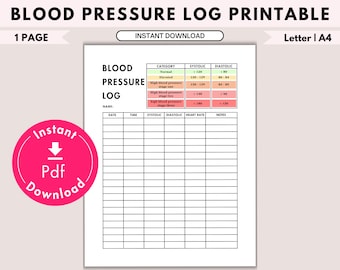 Rastreador de presión arterial / Libro de registro / Gráfico de presión arterial / Plantilla imprimible de registro de presión arterial / Registro de diabetes / Seguimiento de hipotensión