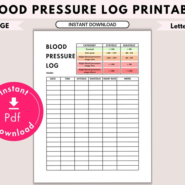 Blutdruck Tracker | Logbuch | Blutdrucktabelle | Blutdruck Log Druckbare Vorlage | Diabetes Log | Hypotonie Tracking