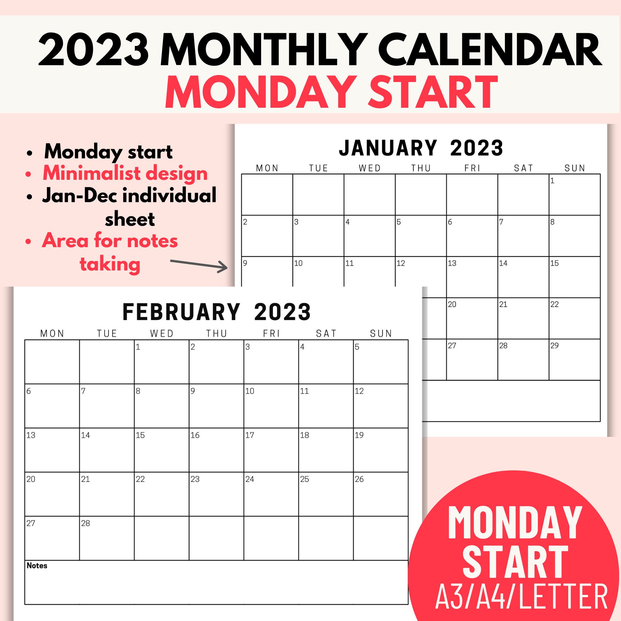 Printable 2023 Monthly Calendar, Minimalist Blank Calendar 2023, 2023
