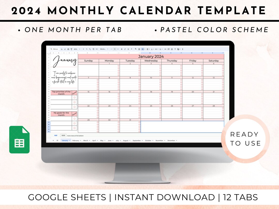 2024 Monthly Calendar Google Sheet Template Automated Etsy