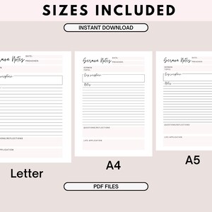 May include: Printable sermon notes template in three sizes: Letter, A4, and A5. The template includes sections for date, sermon topic, key scripture, notes, questions/reflections, and life application.