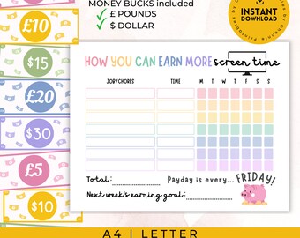 Kids Chore Chart with Pretend Money – Earn Screen Time Checklist | Reward Tracker Reward Chart for Kids Instantly Download