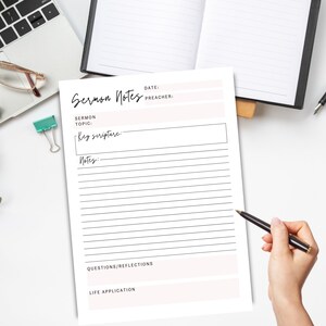 May include: A printable sermon notes template with sections for the sermon topic, key scripture, notes, questions/reflections, and life application. The template has a light pink background and black lines.