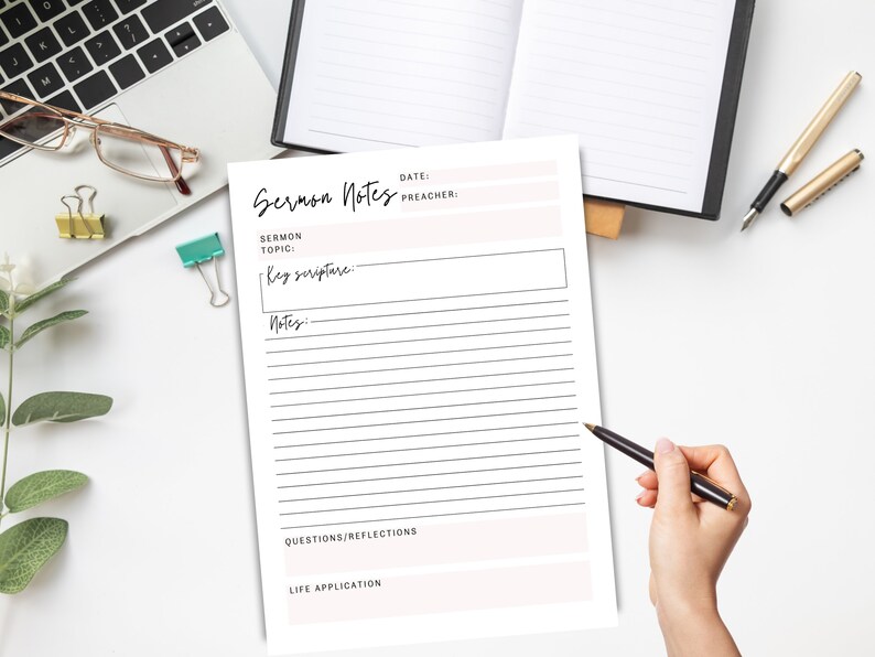 May include: A printable sermon notes template with sections for the sermon topic, key scripture, notes, questions/reflections, and life application. The template has a light pink background and black lines.