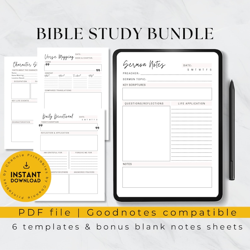 May include: A digital planner bundle for Bible study with six templates and bonus blank notes sheets. The templates include sections for character study, verse mapping, daily devotional, and sermon notes.