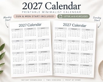 2027 Printable Calendar, Year at a Glance, Sunday & Monday Start, A4 A5 US Letter, Minimalist PDF Instant Download, Full year one page,