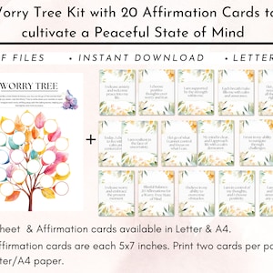 May include: A printable worry tree kit with 20 affirmation cards to cultivate a peaceful state of mind. The kit includes a worksheet with a tree and 20 affirmation cards with watercolor backgrounds. The cards are each 5x7 inches and feature positive affirmations such as "I choose positive thoughts over worry and fear" and "I am supported by the strength within me".