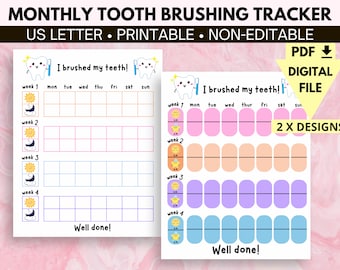 Printable Cute monthly tooth brushing tracker for kids, I brushed my teeth printable, children teeth routine, teeth brushing log,