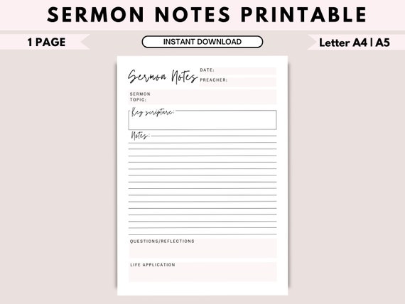 Printable Sermon Notes | Church Notes | Sermon Note PDF | Sermon Note template | bible study tools| bible study template| Sermon template