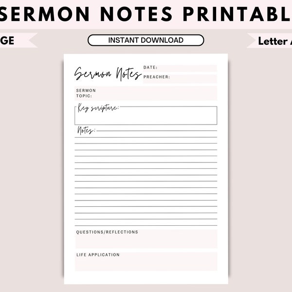 Printable Sermon Notes | Church Notes | Sermon Note PDF | Sermon Note template | bible study tools| bible study template| Sermon template