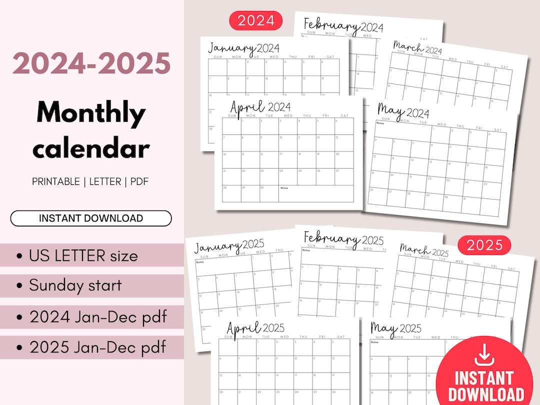 2024 2025 Calendars Printable Download Letter Size Digital Download