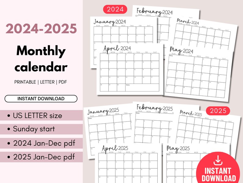 2024 2025 Calendars Printable Download Letter Size Digital Download