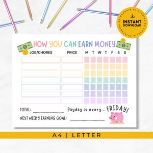 May include: A printable chart with a rainbow color scheme to help children learn how to earn money. The chart includes sections for job/chores, price, and days of the week. It also includes a section for total earnings and a goal for the next week. The chart includes the text "Payday is every... FRIDAY!" and a cartoon piggy bank.