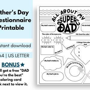 All about my daddy printable, fill in the blanks, daddy questionnaire, Father&#39;s Day Printable, Fathers Day Coloring Page, Father&#39;s Day Craft