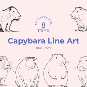 Capybara SVG - 8 minimalistycznych grafik jednoliniowych - czarno-biały - unikalny projekt zwierzęcy - pobieranie cyfrowe