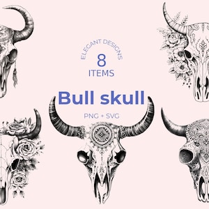 Tête de mort de taureau SVG - fichier d'art numérique 8 - décoration rustique occidentale - style cow-boy - design tribal bohème - téléchargement immédiat